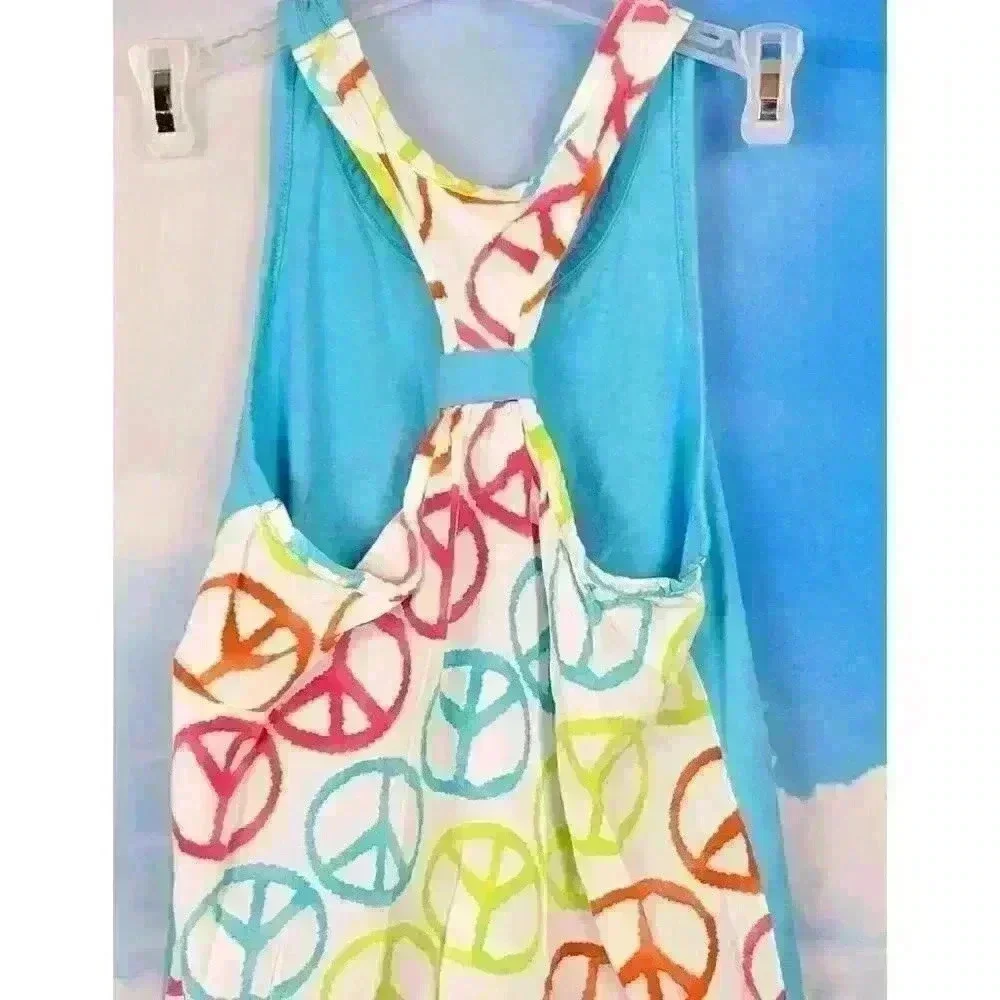 POGO CLUB Beach Cover HIPPIE BOHO Tank Top Racerback TEAL Peace Signs Lg 14/16